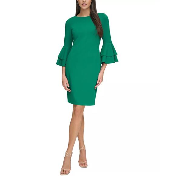 CK Women's Women's Boat Neck Ruffled-Sleeve Back Zip Sheath Dress Size 14W Green - Picture 1 of 9